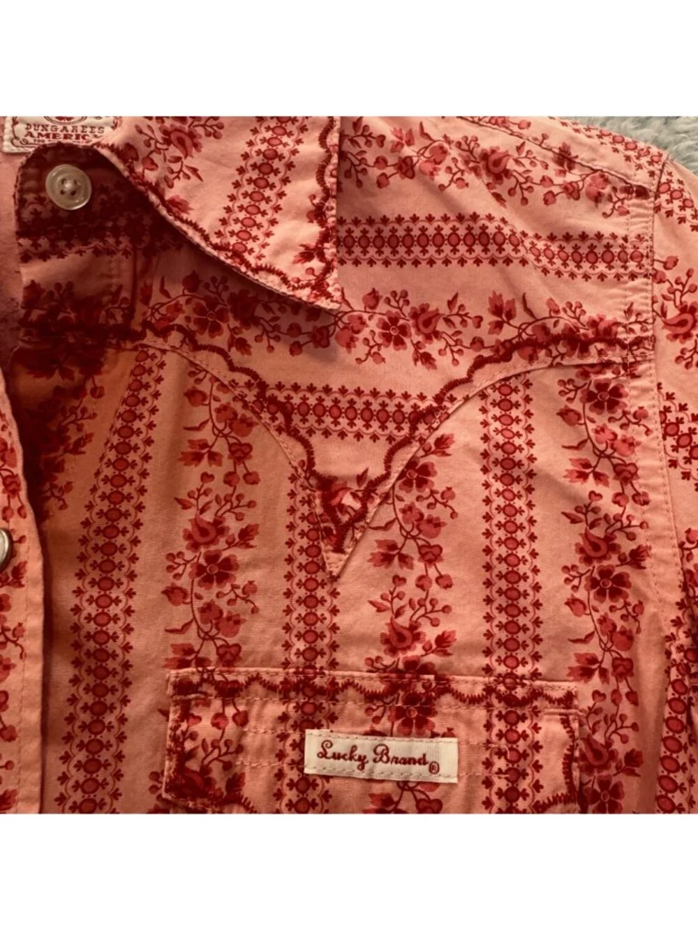 Vintage Lucky Brand Dungarees Pearl Snap Western Blouse Wallpaper Print - Small - Picture 6 of 11